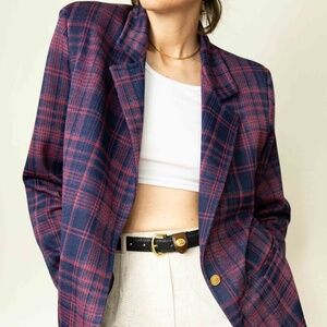Vintage Navy & Pink Plaid Blazer Jacket